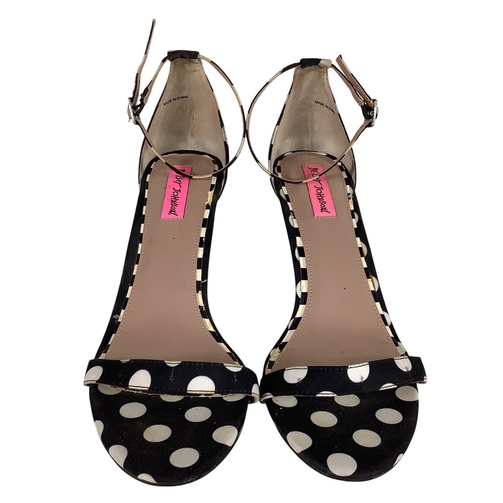 Betsey Johnson Lylly Polka Dot Ankle Strap Heels Black White Sandals Size 11B